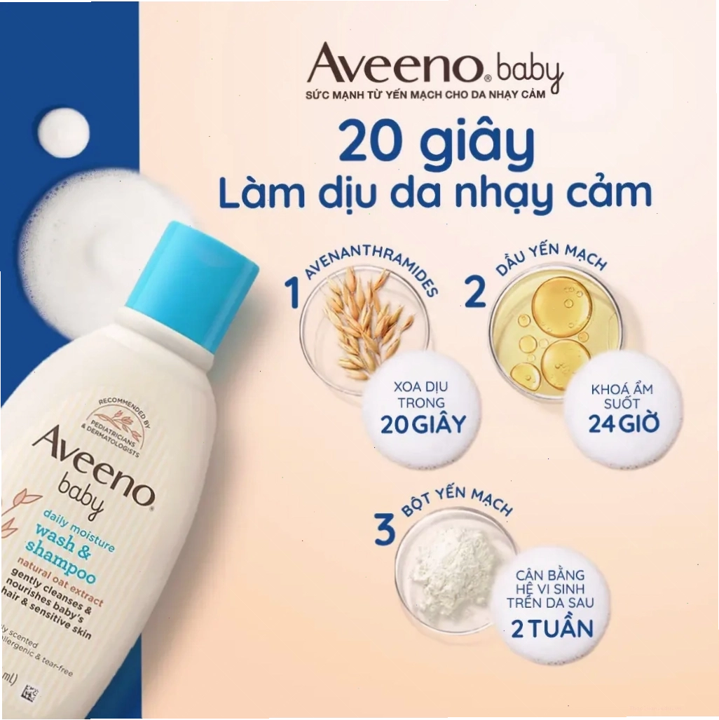 Aveeno Baby Daily Moisture Wash & Shampoo làm dịu làn da nhạy cảm