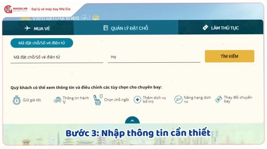 Bước 3 tra cứu vé máy bay Vietnam Airlines: Nhập mã đặt chỗ và họ hành khách