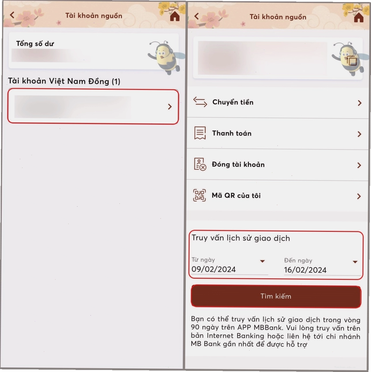 Chọn khoảng thời gian để xem lịch sử giao dịch MB Bank trên app