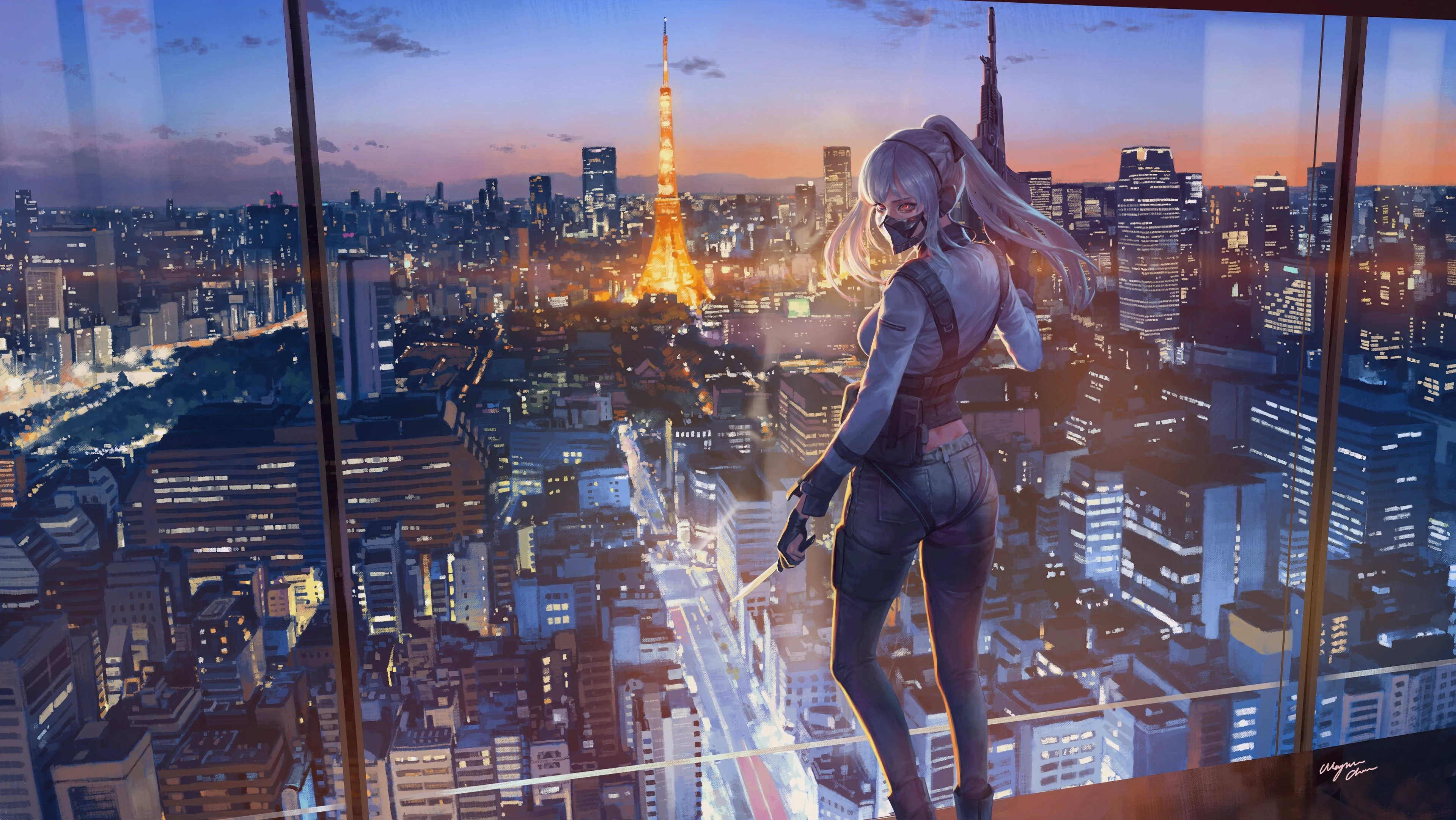 Cô gái anime đeo mặt nạ trong bối cảnh thành phố 4K