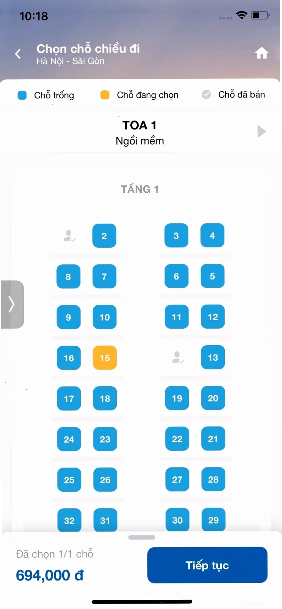 Giá vé tàu hiển thị theo vị trí chỗ ngồi