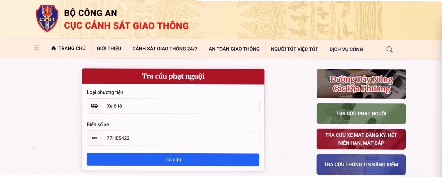 Giao diện công cụ tra cứu phạt nguội trên website VNeTraffic.org