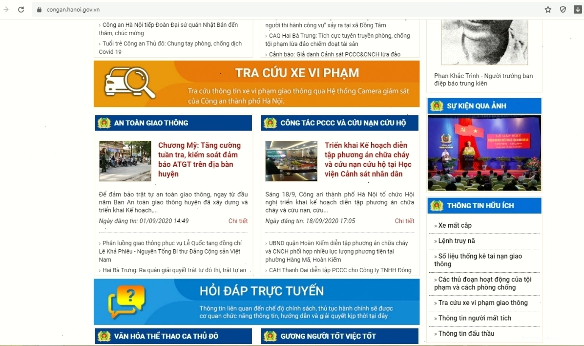Giao diện Cổng thông tin điện tử Công an thành phố Hà Nội tra cứu phạt nguội