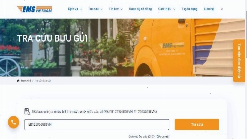 Giao diện kết quả tra cứu mã vận đơn EMS
