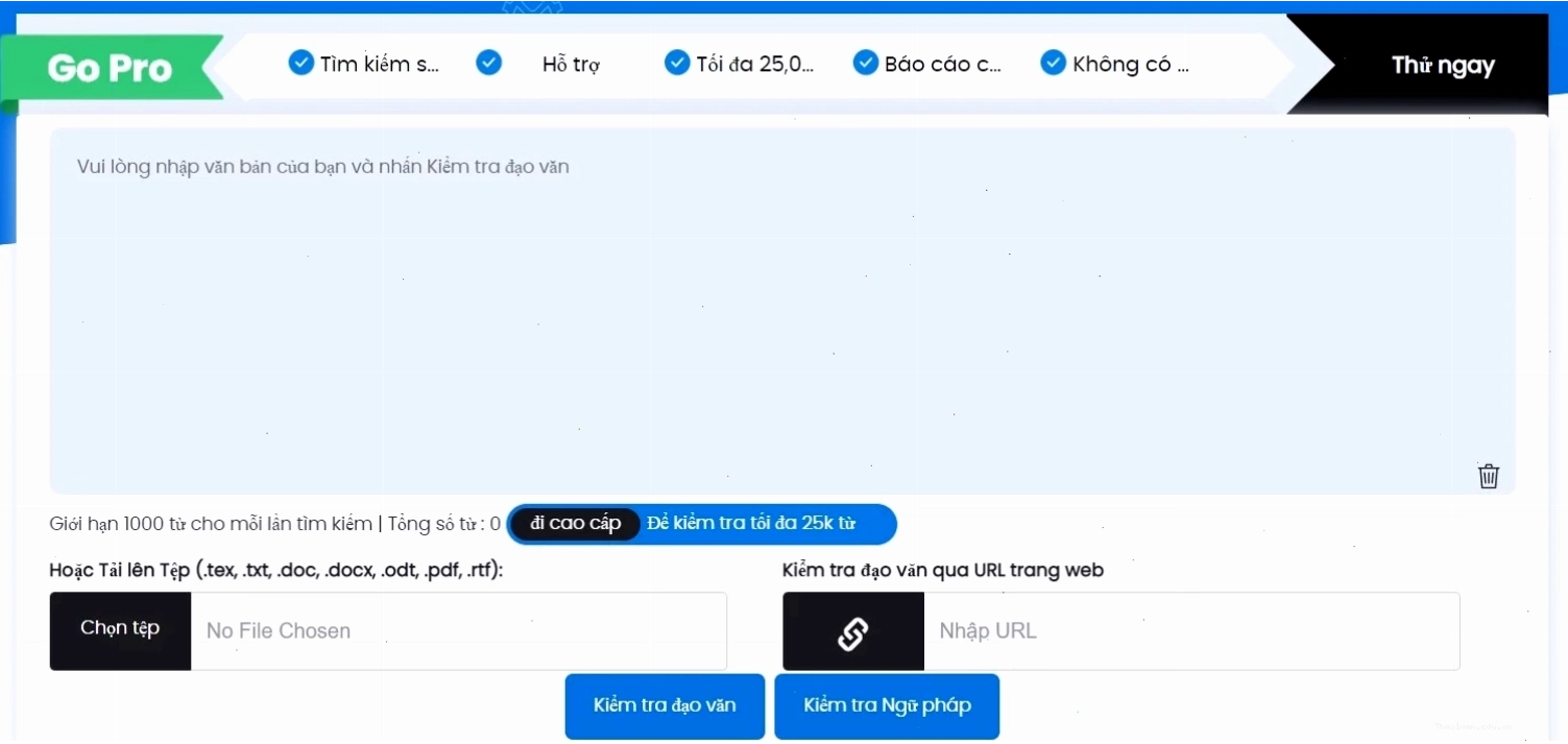 Giao diện kiểm tra đạo văn trên Duplichecker