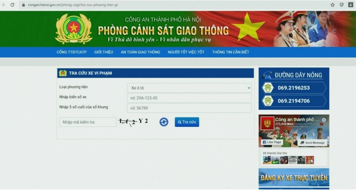 Giao diện mục tra cứu xe vi phạm giao thông trên Cổng thông tin điện tử Công an thành phố Hà Nội