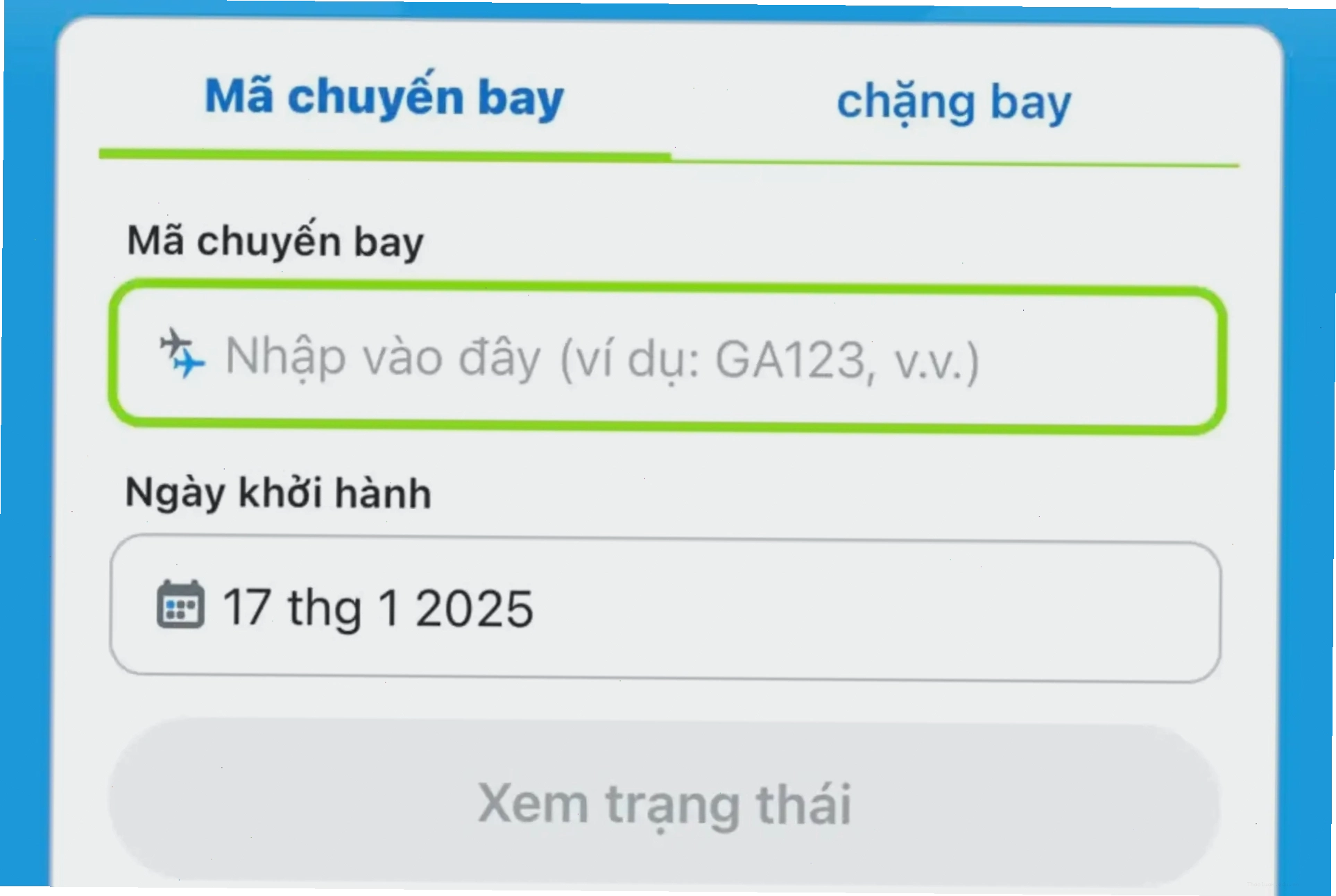 Giao diện tìm kiếm tình trạng chuyến bay trên Traveloka
