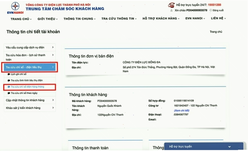 Giao diện tra cứu chỉ số điện tiêu thụ hàng ngày trên website