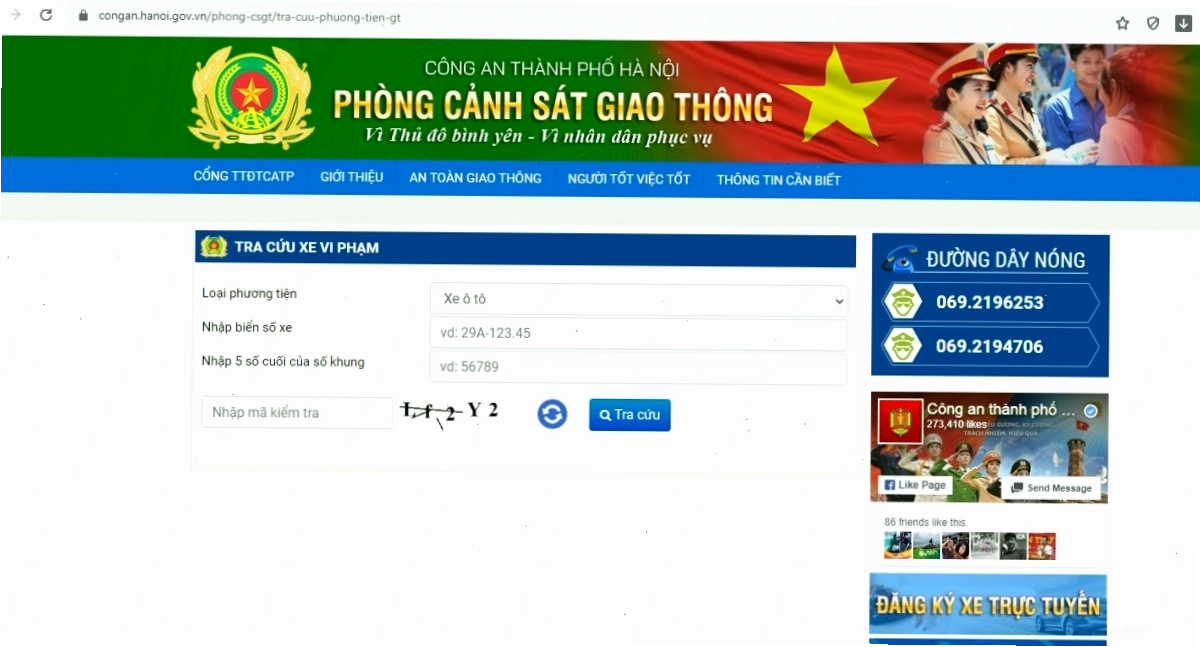 Giao diện tra cứu phạt nguội trên Cổng thông tin điện tử Công an Hà Nội