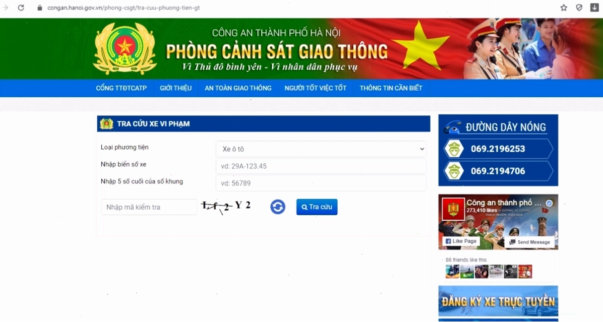 Giao diện tra cứu xe vi phạm giao thông trên Cổng thông tin điện tử Công an thành phố Hà Nội