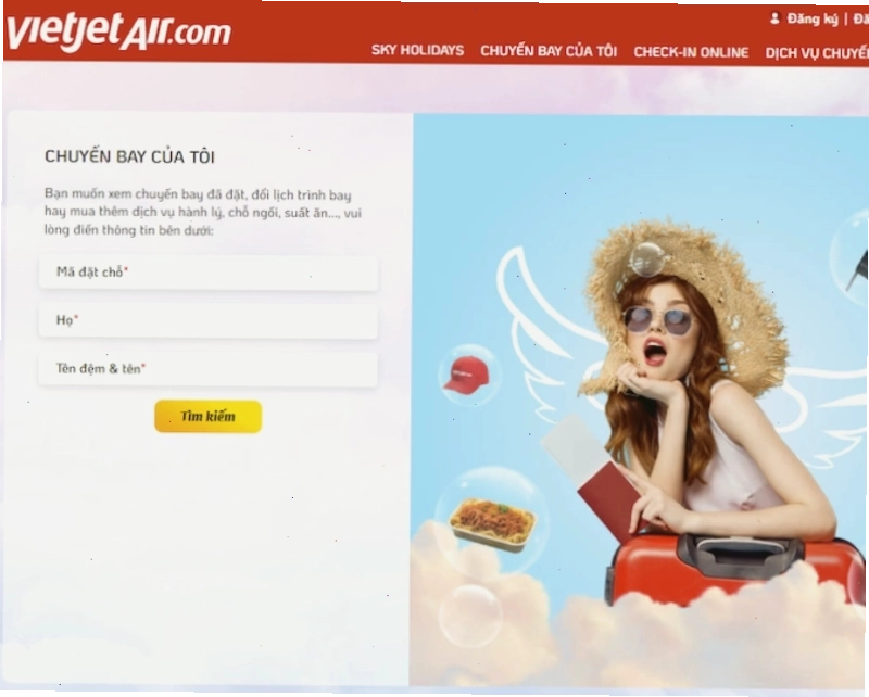Giao diện website Vietjet Air, mục tra cứu vé máy bay