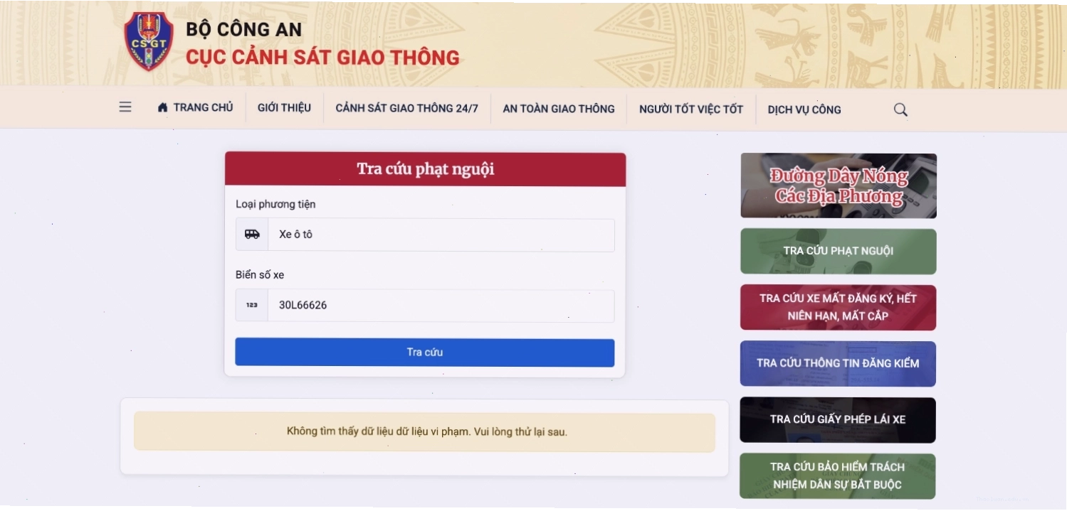 Kết quả tra cứu phạt nguội trên VNeTraffic.org khi không có vi phạm