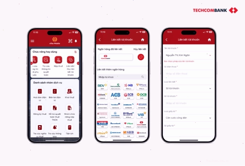 Liên kết tài khoản ngân hàng Techcombank với eTax Mobile để nhận tiền hoàn thuế thuận tiện