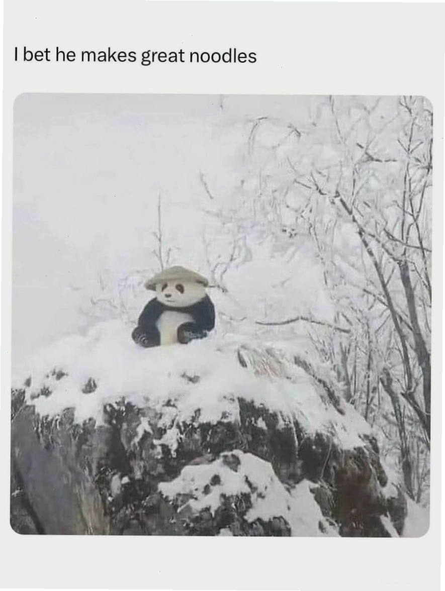 Mô hình gấu trúc đội mũ trên tảng đá phủ tuyết, animal meme vui vẻ