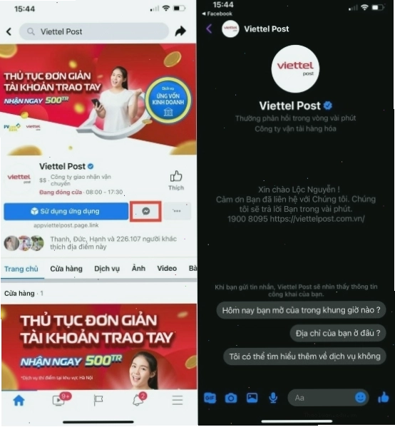 Nhắn tin Fanpage Viettel Post để tra cứu vận đơn