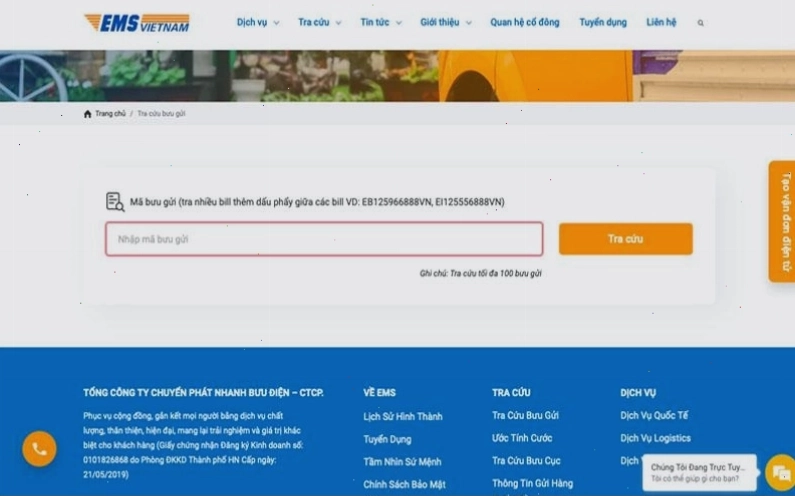 Nhập mã vận đơn vào ô tra cứu trên website EMS