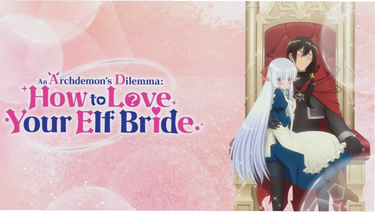 Series banner cho romance anime How to Love Your Elf bride, mô tả cô dâu elf ngồi trên lòng chàng trai trên ngai vàng