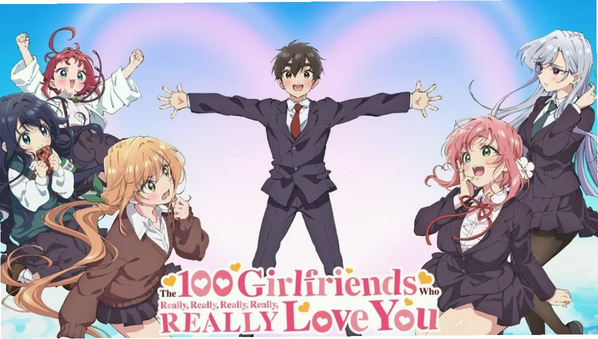 Series banner cho romance anime The 100 Girlfriends Who Really Love you, hình ảnh một chàng trai với hai tay dang rộng và nhiều cô gái vây quanh