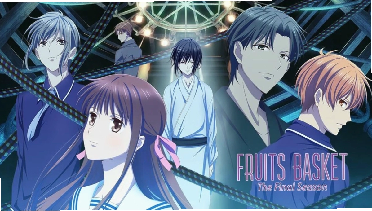 Show banner cho anime Fruits Basket, khắc họa các nhân vật chính quấn quanh xiềng xích, gợi lên những mối quan hệ phức tạp