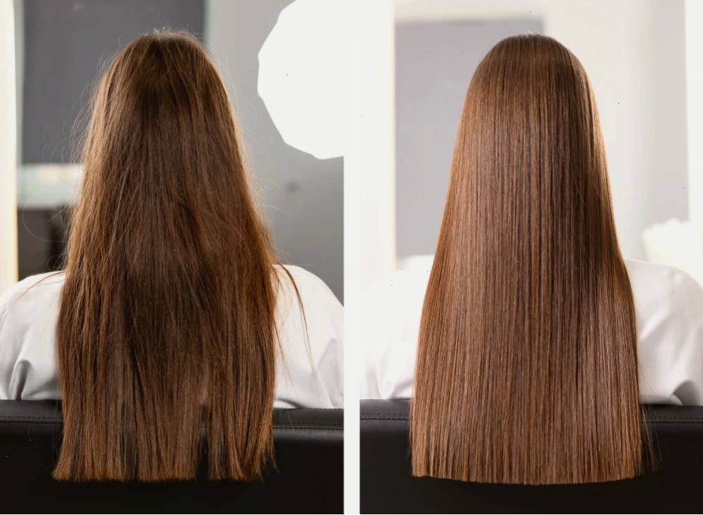 So sánh tóc trước và sau khi điều trị keratin, tóc trở nên suôn mượt hơn