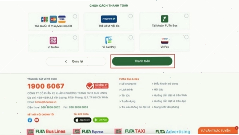 Thanh toán vé xe Phương Trang