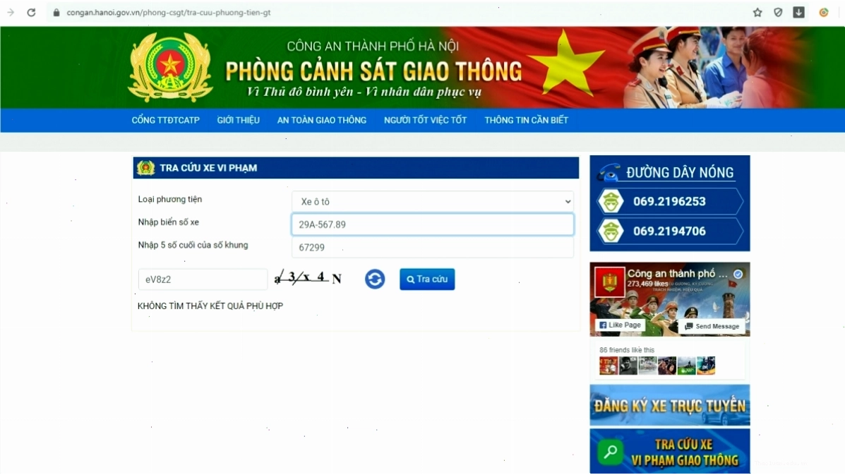Thông báo không tìm thấy kết quả phạt nguội