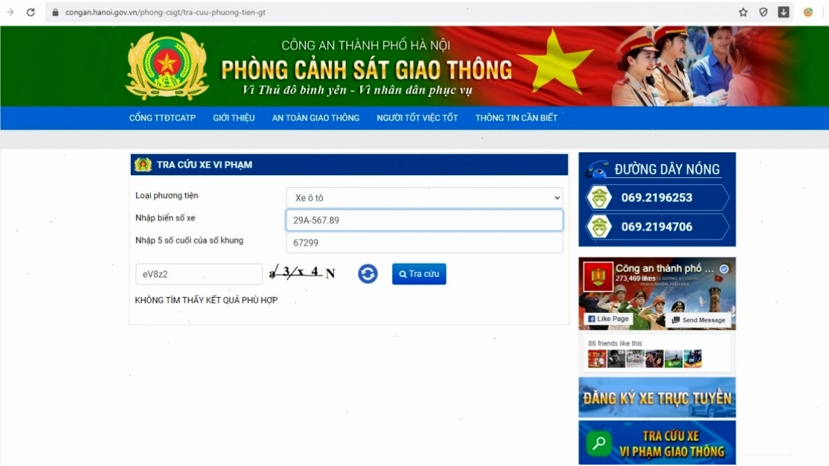 Thông báo không tìm thấy kết quả phù hợp khi tra cứu phạt nguội