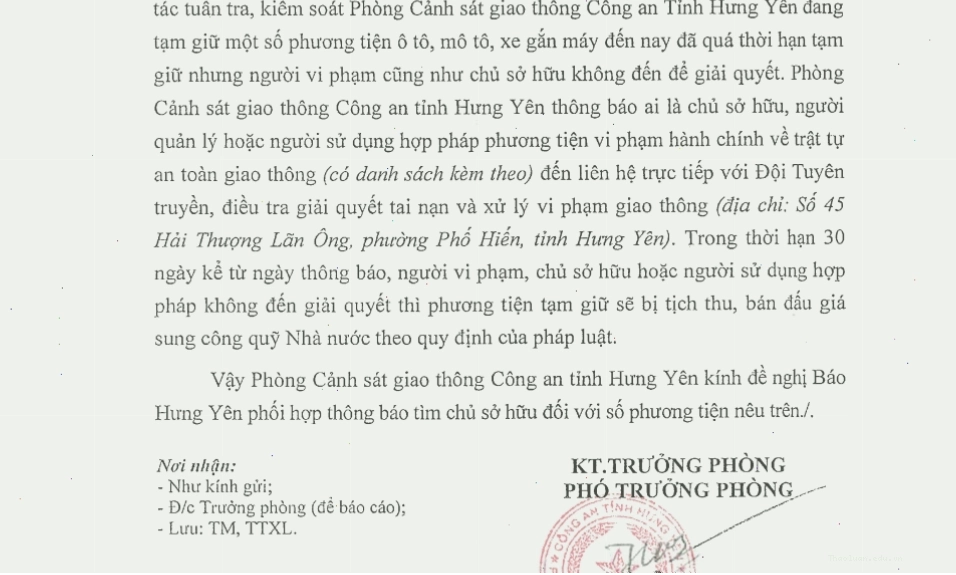 Thông báo tìm chủ sở hữu phương tiện vi phạm hành chính