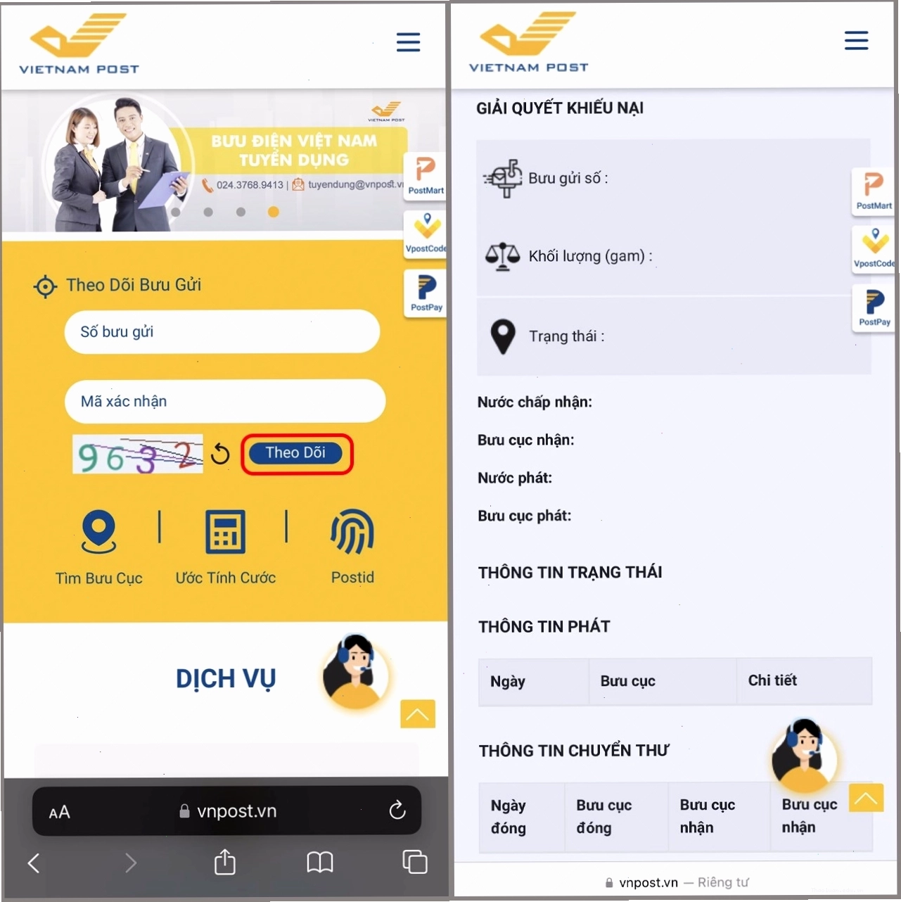 Thông tin chi tiết về hành trình đơn hàng VNPost