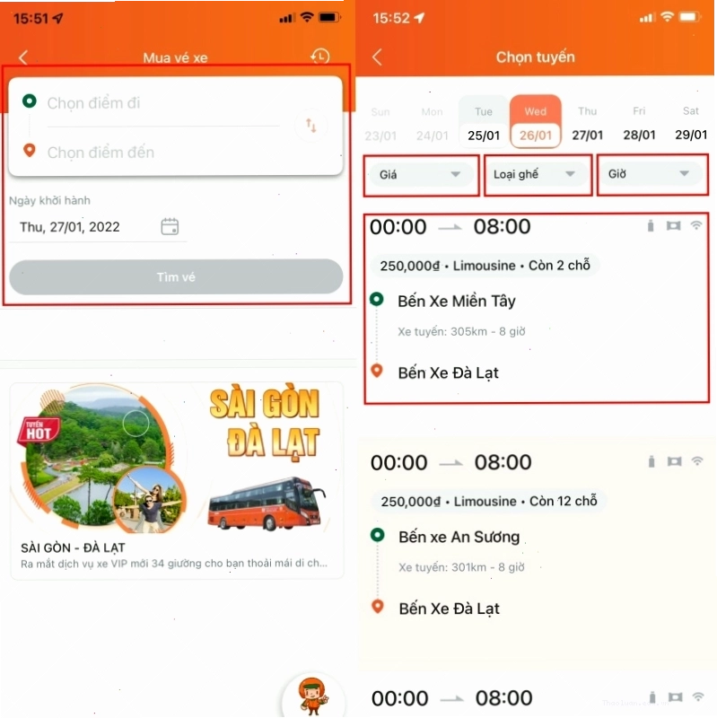 Thông tin chuyến xe Phương Trang hiển thị trên màn hình