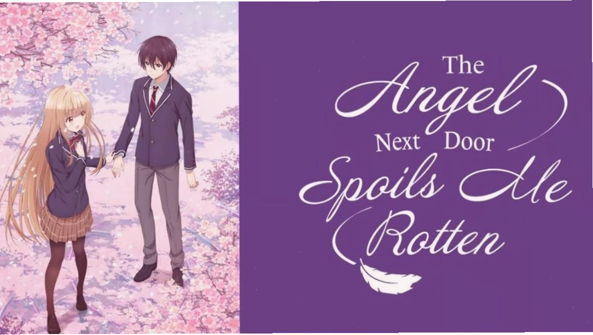 Title card cho romance anime The Angel Next Door Spoils Me Rotten, hình ảnh hai nhân vật chính dựa sát nhau giữa khung cảnh hoa anh đào