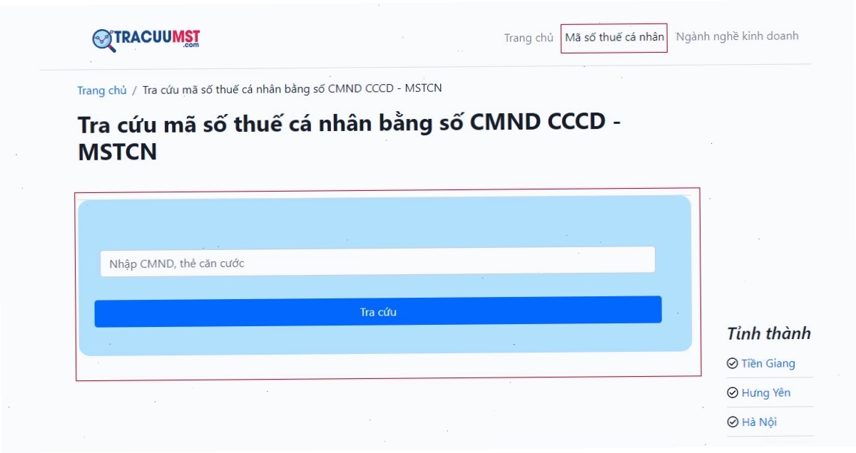 Tra cứu mã số thuế bằng CMND/ CCCD trên trang TracuuMST
