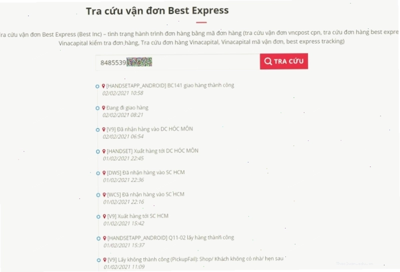 Website Best Express tra cứu vận đơn hiển thị thông tin chi tiết
