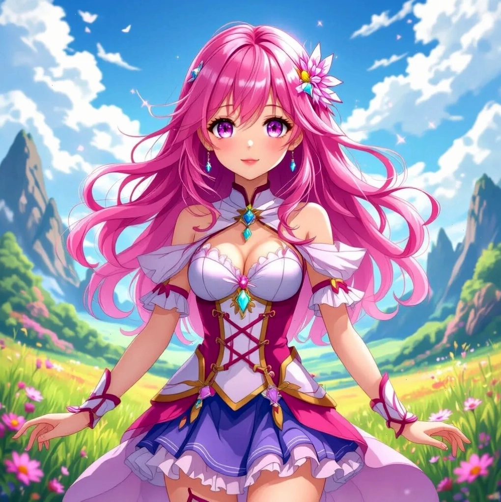 Beautiful anime girl with pink hair in a fantasy landscape