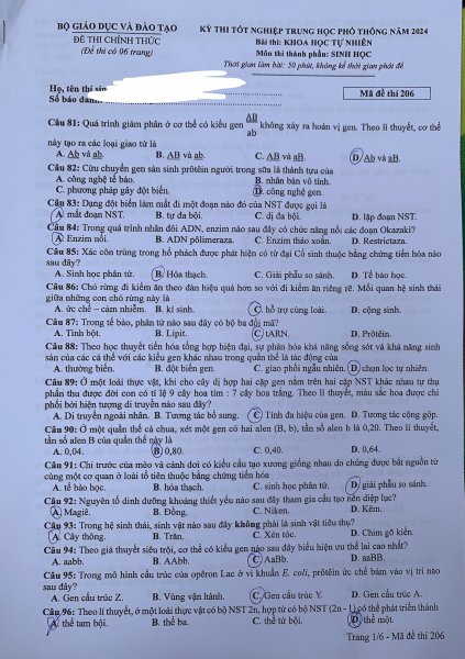 Đề thi THPT Quốc gia môn Sinh học năm 2024 mã đề 206 1