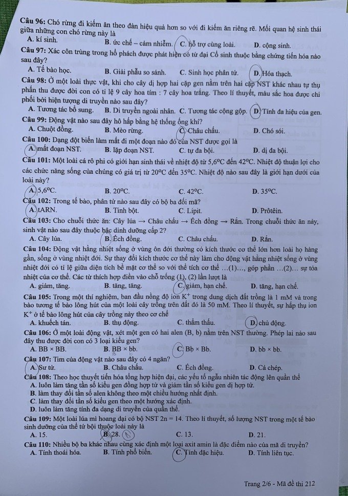 Đề thi THPT Quốc gia môn Sinh học năm 2024 mã đề 212 2