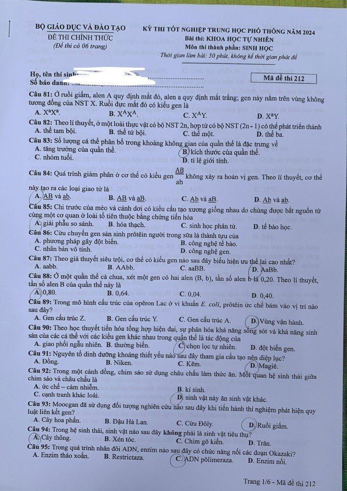 Đề thi THPT Quốc gia môn Sinh học năm 2024 mã đề 212 1