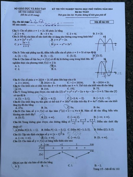 Đề thi THPT Quốc gia môn Toán năm 2024 mã đề 102 1
