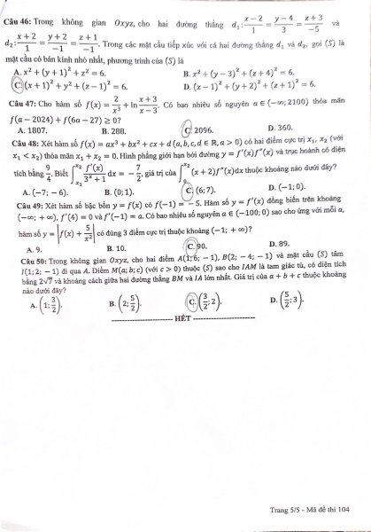Đề thi THPT Quốc gia môn Toán năm 2024 mã đề 104 5