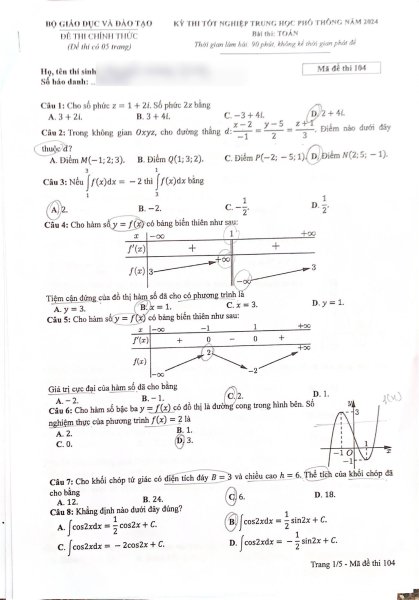 Đề thi THPT Quốc gia môn Toán năm 2024 mã đề 104 1
