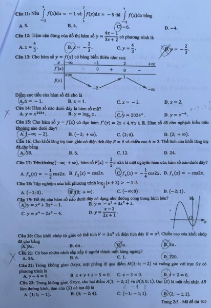 Đề thi THPT Quốc gia môn Toán năm 2024 mã đề 105 2