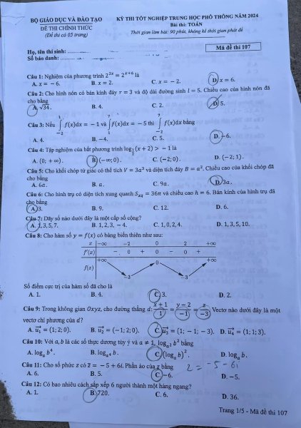 Đề thi THPT Quốc gia môn Toán năm 2024 mã đề 107 1