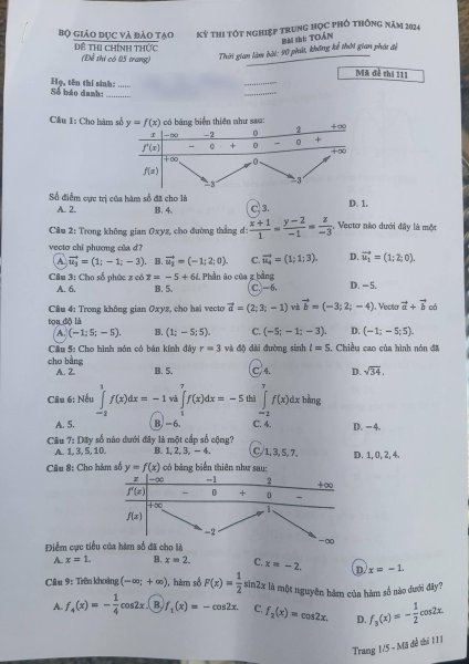 Đề thi THPT Quốc gia môn Toán năm 2024 mã đề 111 1