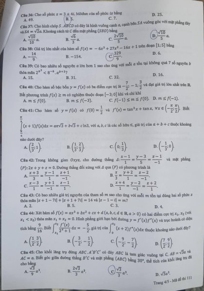 Đề thi THPT Quốc gia môn Toán năm 2024 mã đề 111 4