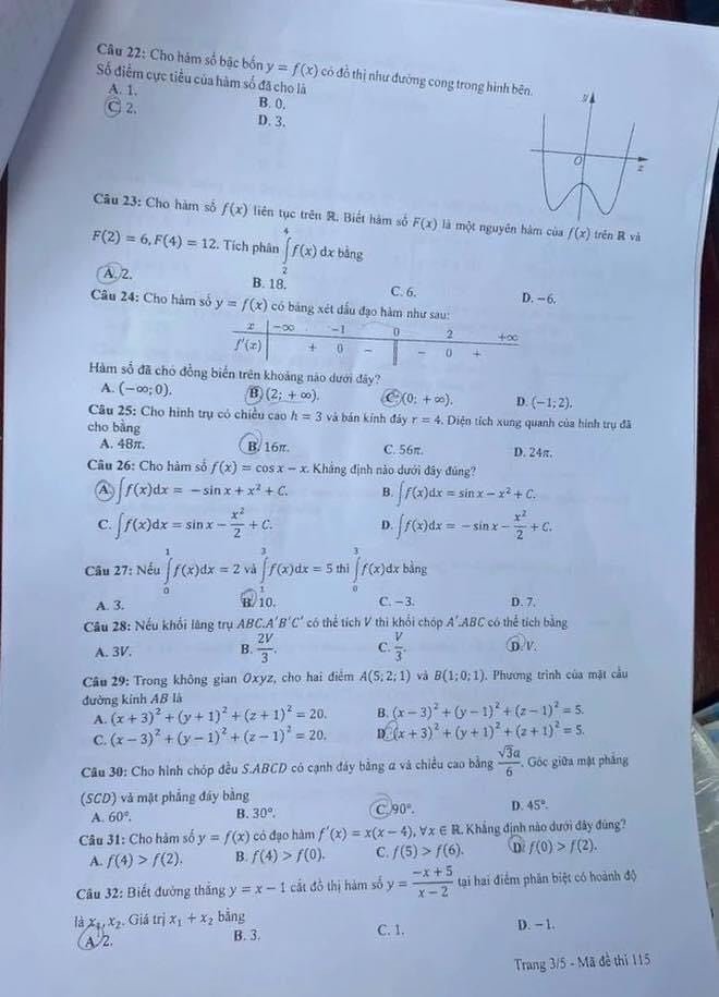 Đề thi THPT Quốc gia môn Toán năm 2024 mã đề 115 3