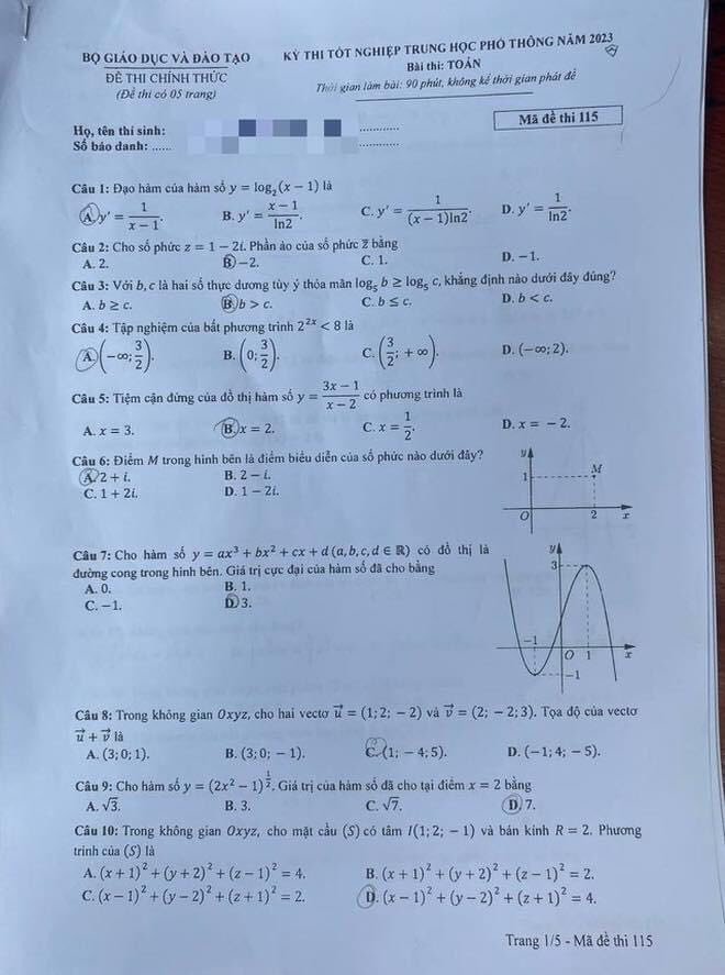 Đề thi THPT Quốc gia môn Toán năm 2024 mã đề 115 1
