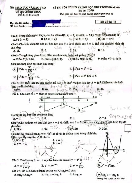 Đề thi THPT Quốc gia môn Toán năm 2024 mã đề 116 1