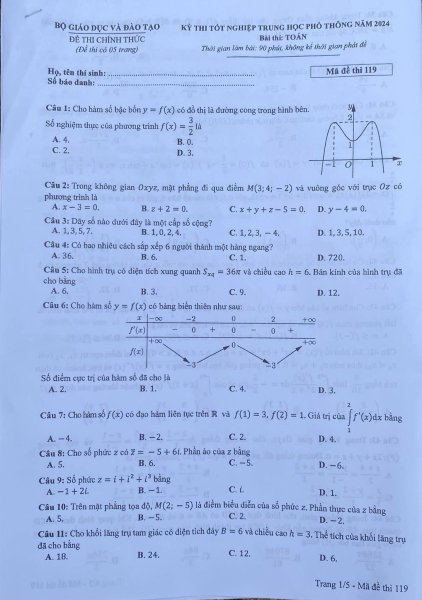 Đề thi THPT Quốc gia môn Toán năm 2024 mã đề 119 1