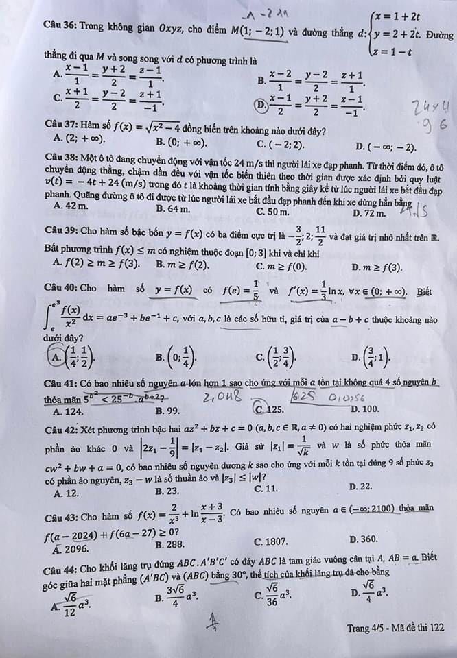 Đề thi THPT Quốc gia môn Toán năm 2024 mã đề 122 4