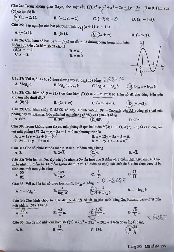 Đề thi THPT Quốc gia môn Toán năm 2024 mã đề 122 3